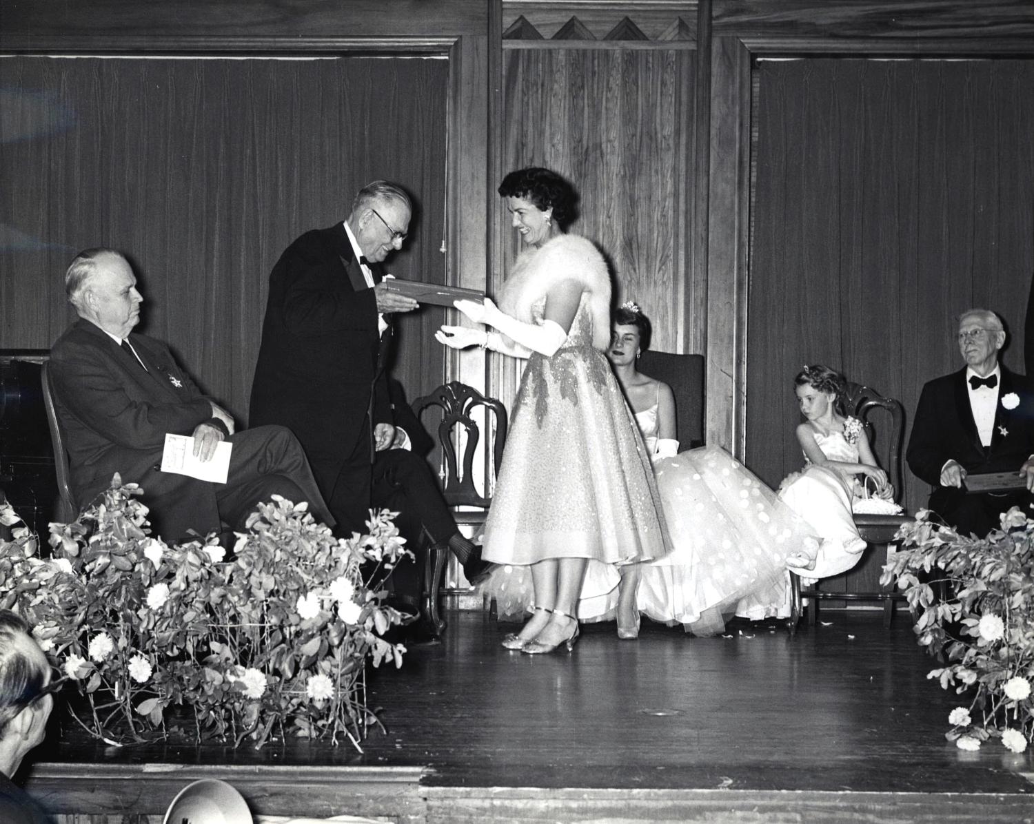 Charles B. Goddard being inducted into the Oklahoma Hall of Fame. This was the first induction ceremony in the organization’s history that Anna B. Korn was unable to attend. November 16, 1956. Courtesy Oklahoma Historical Society. 
